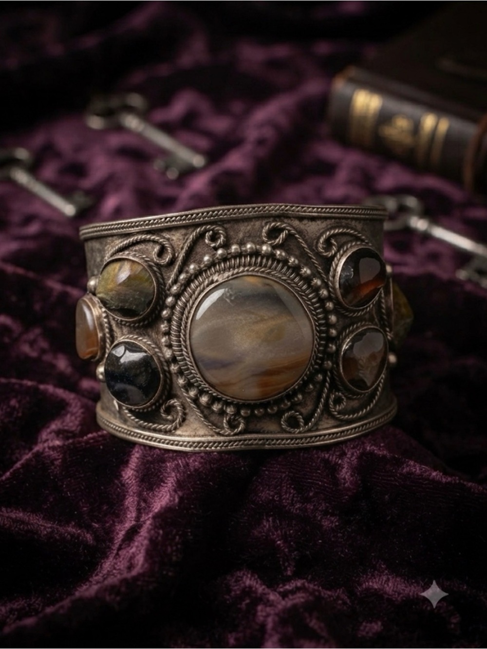 Wide Silver Cuff Bracelet with Polished Stone Cabochons - Picture 3 of 9